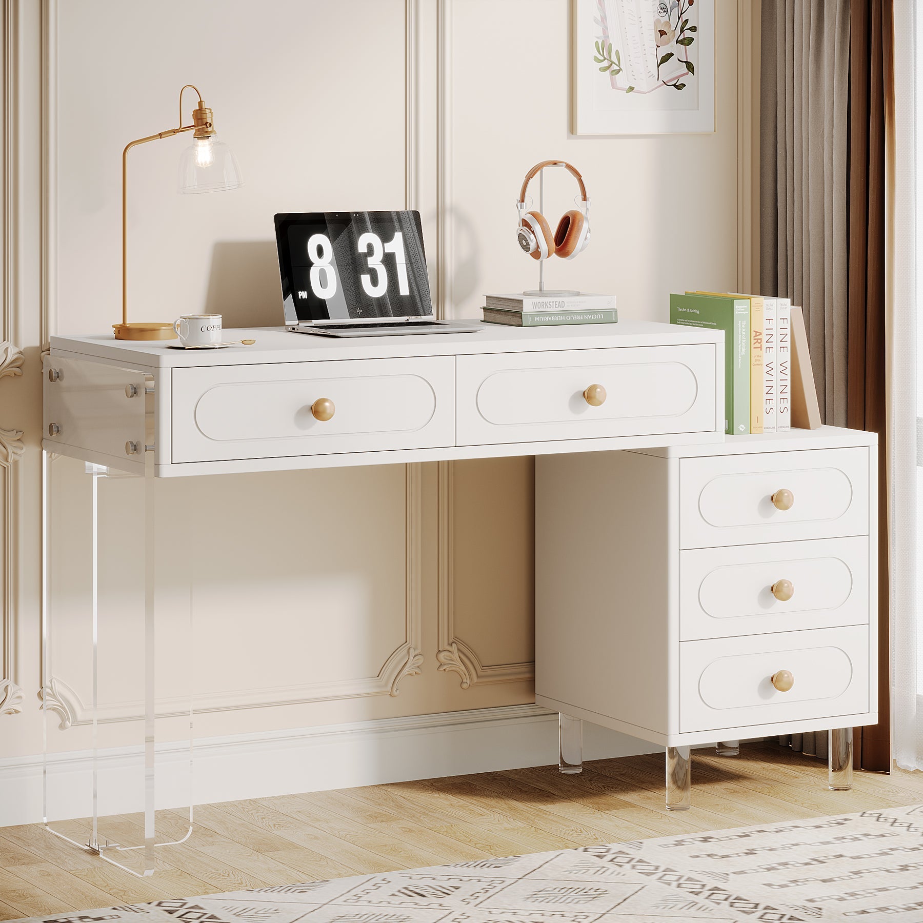 5-Drawer Computer Desk with Transparent Acrylic Base and Legs