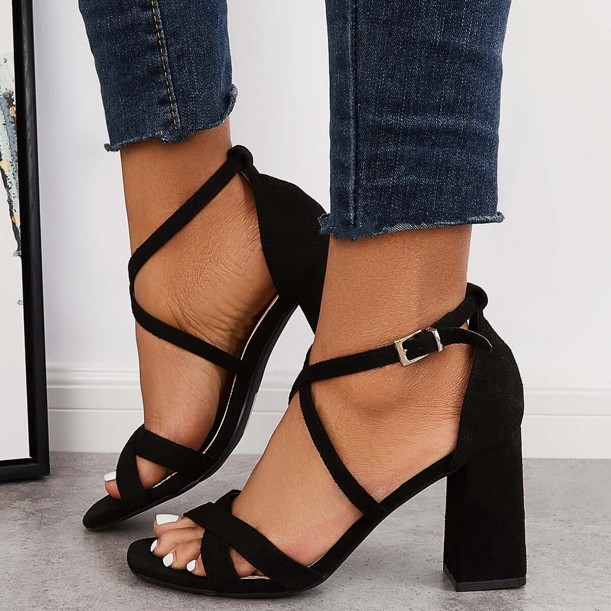 Criss Cross Strappy Chunky Block Heels Ankle Strap Sandals