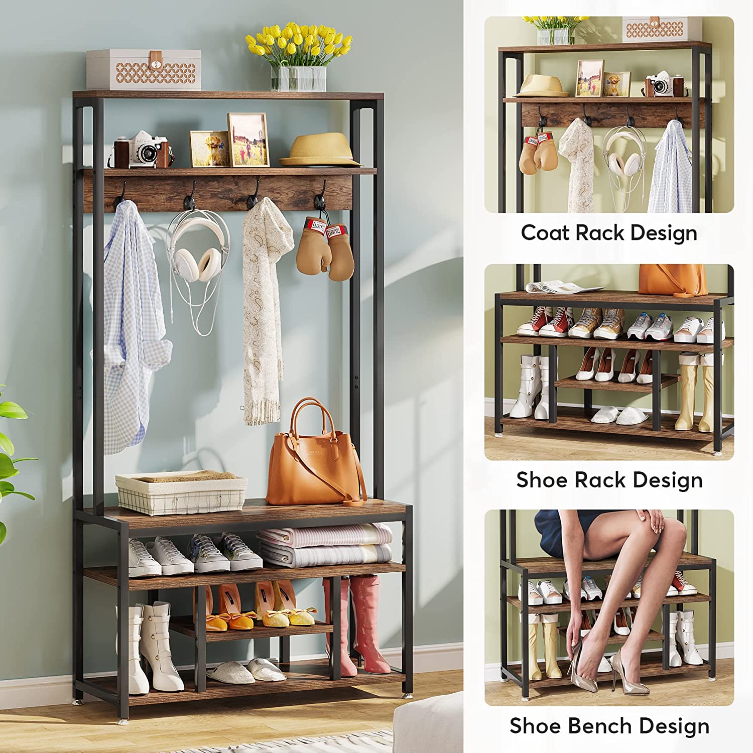 Industrial Coat Rack Shoe Bench, Entryway Hall Tree with Hooks & Shelves