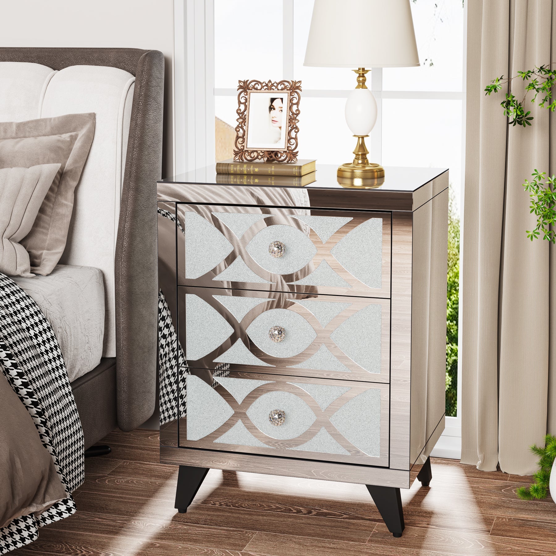 Mirrored Nightstand with 3 Drawers, Modern Bedside Table for Bedroom