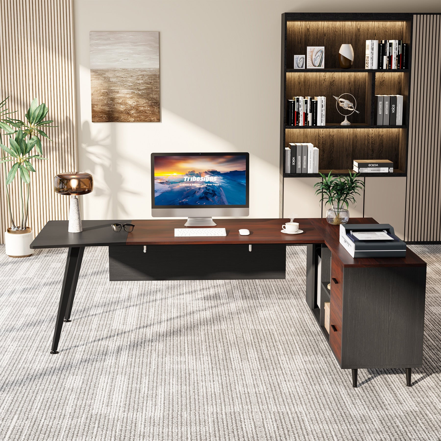 L-Shaped Computer Desk, 87” Executive Desk with 51” File Cabinet