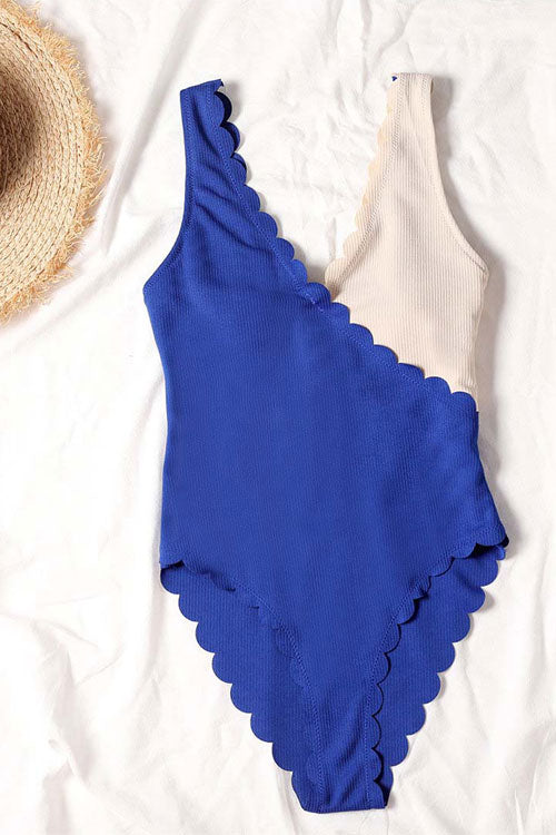 Scalloped Splicing High Cut One Piece Swimsuit