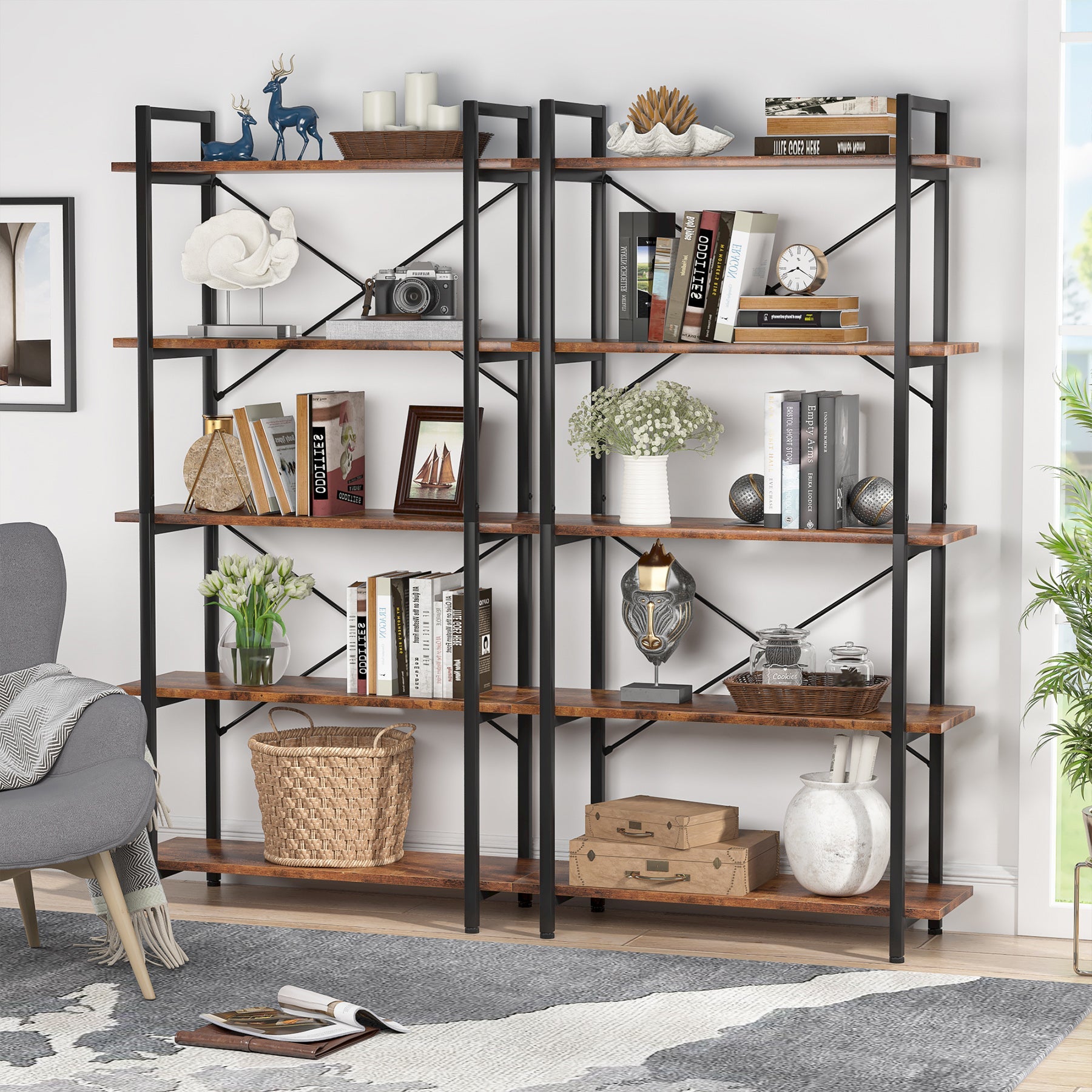 5-Tier Bookshelf, Industrial Etagere Bookcase Display Shelf Unit