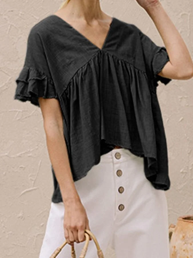 Ladies Cotton Linen V-Neck Ruffled Casual Shirt