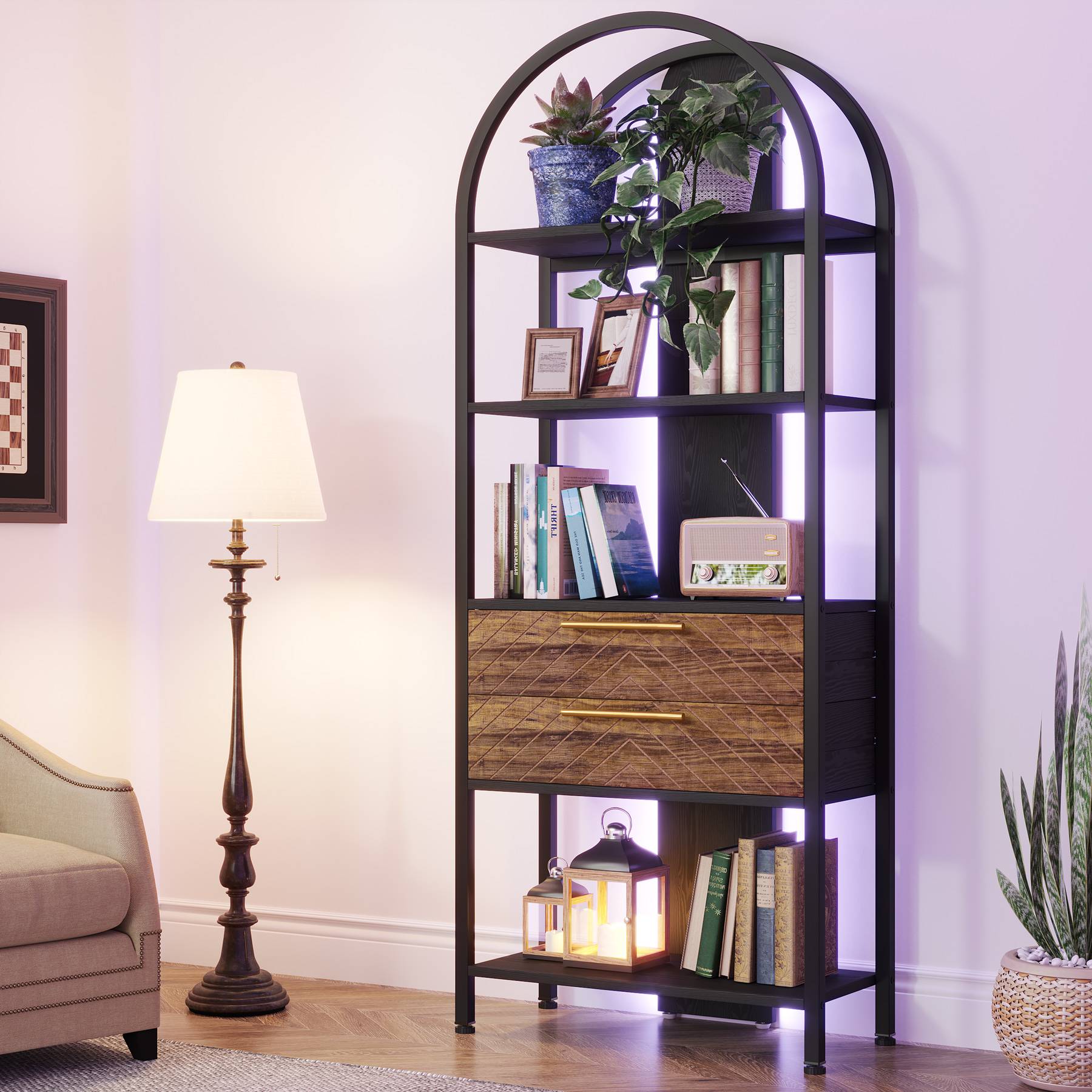 4-Tier Bookshelf, Industrial Bookcase with 2 Drawers & LED Light