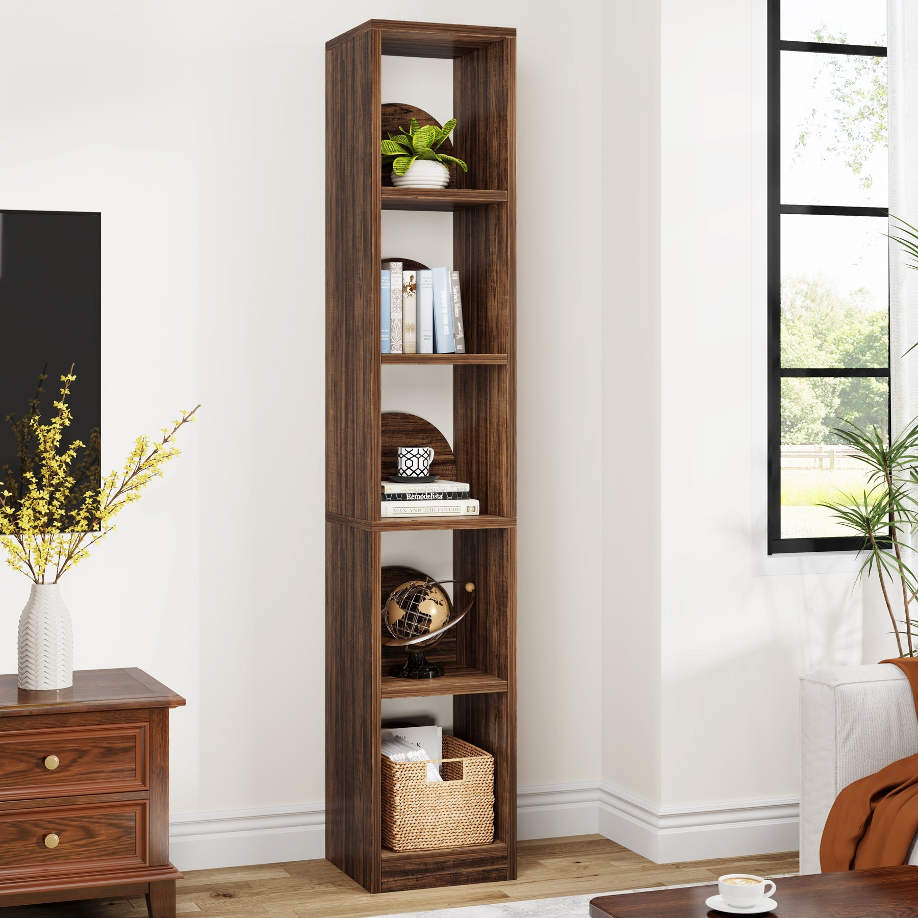 5-Tier Wood Bookcase, Tall Corner Bookshelf Narrow Display Shelf