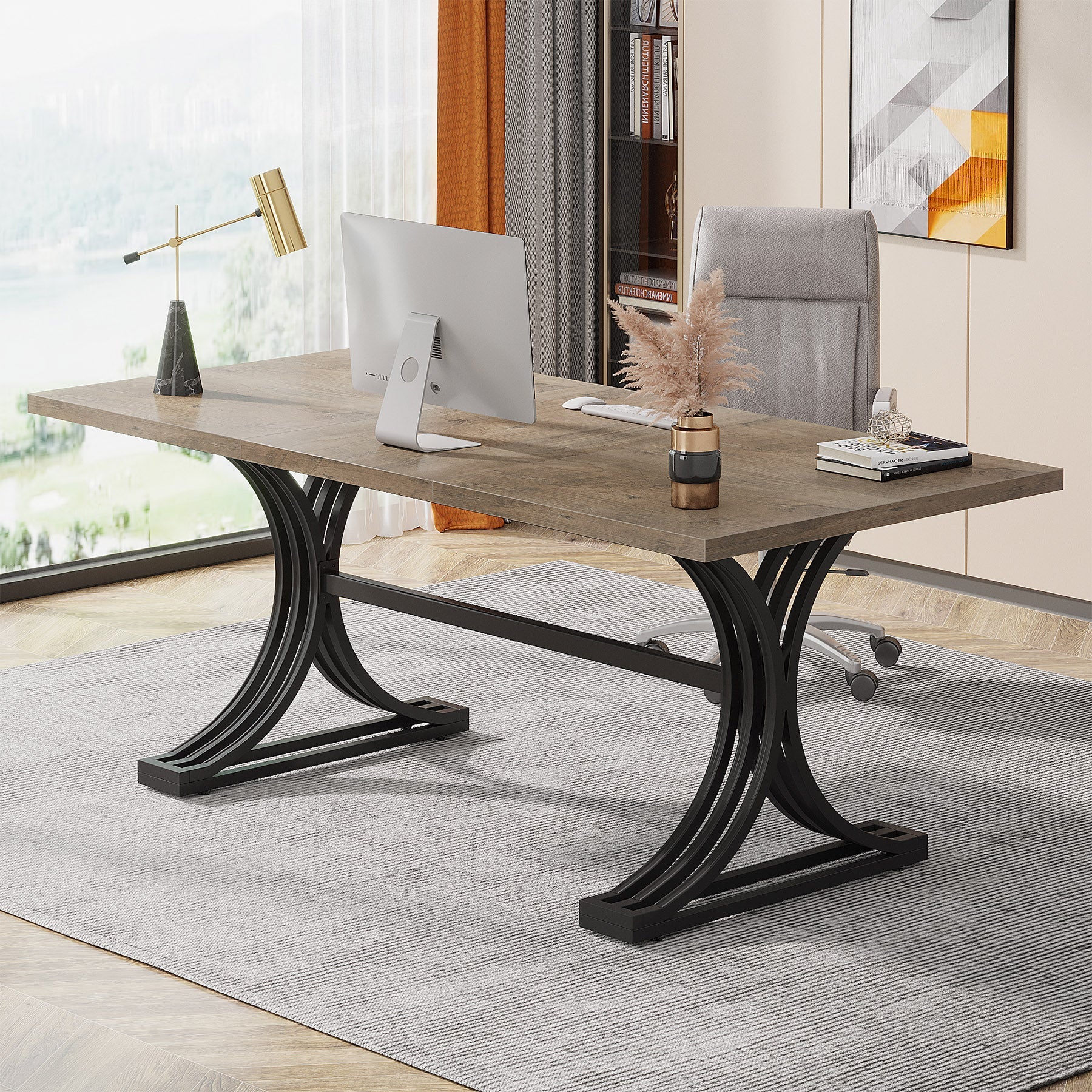 63'' Modern Executive Computer Desk with Faux Marble Tabletop