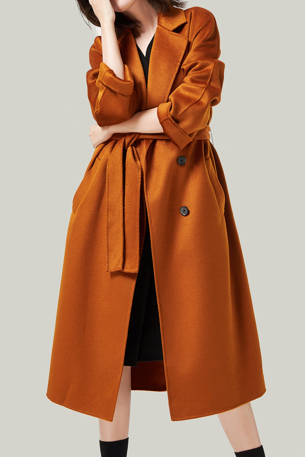 Camel Double Breasted Belted Wool Coat With Pockets