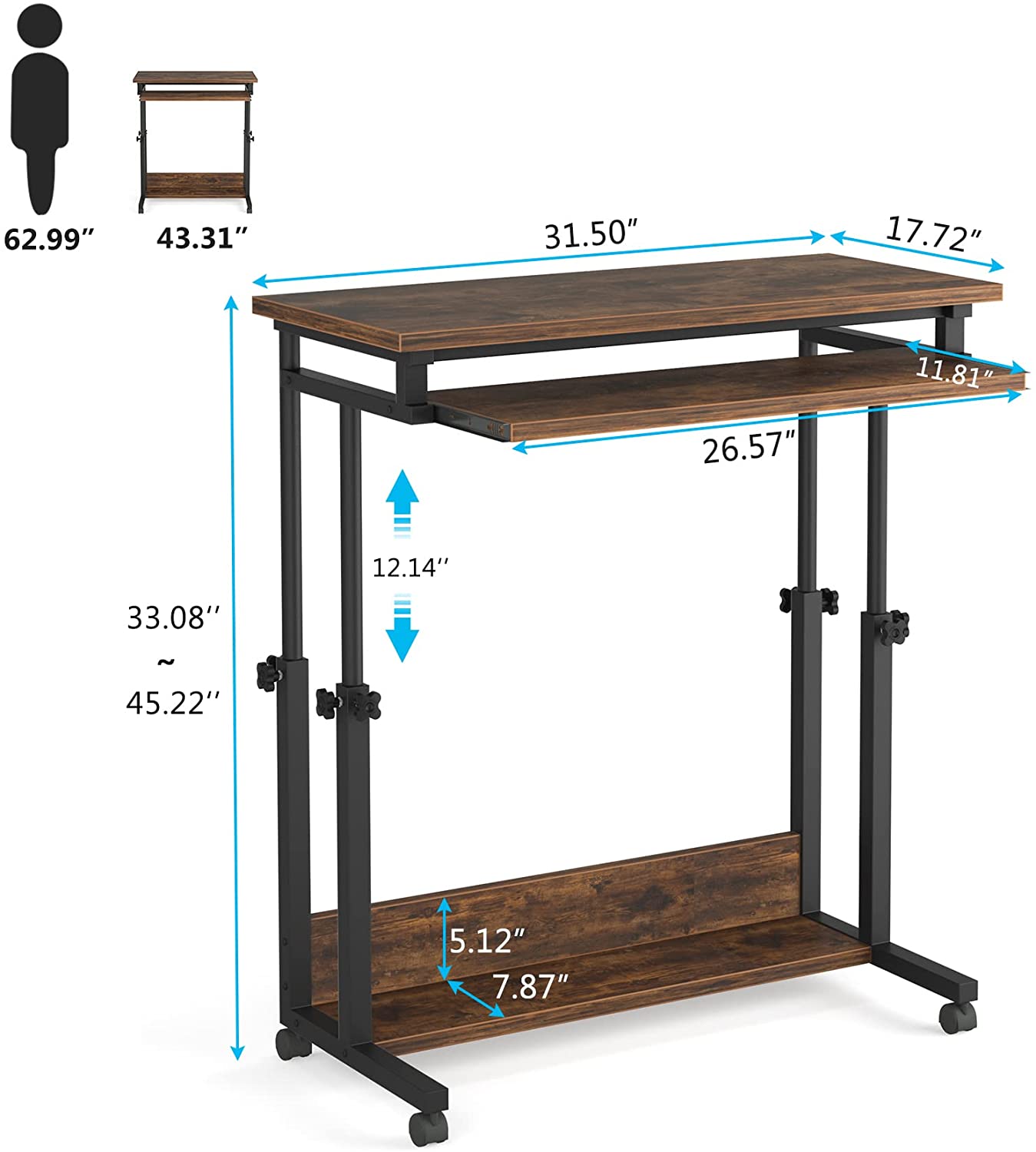 Height Adjustable Desk, Rolling Standing Desk Portable Desk