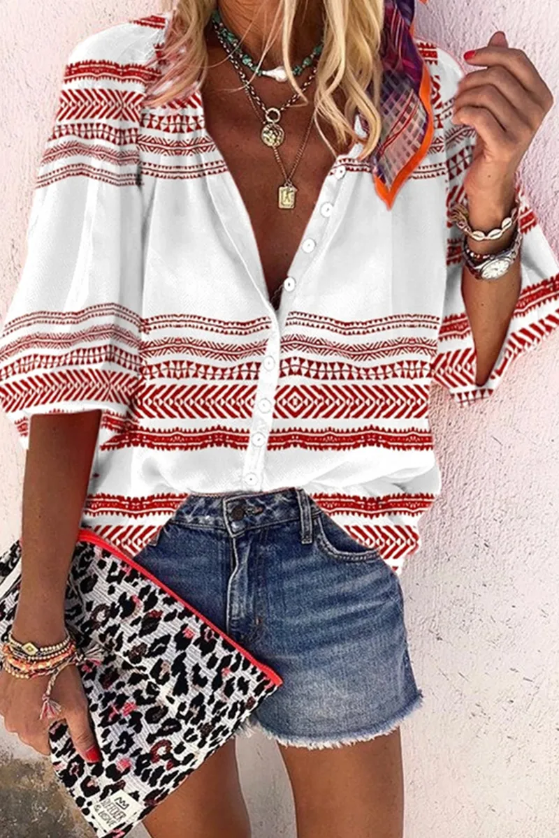Casual Elegant Print Buckle O Neck Blouses