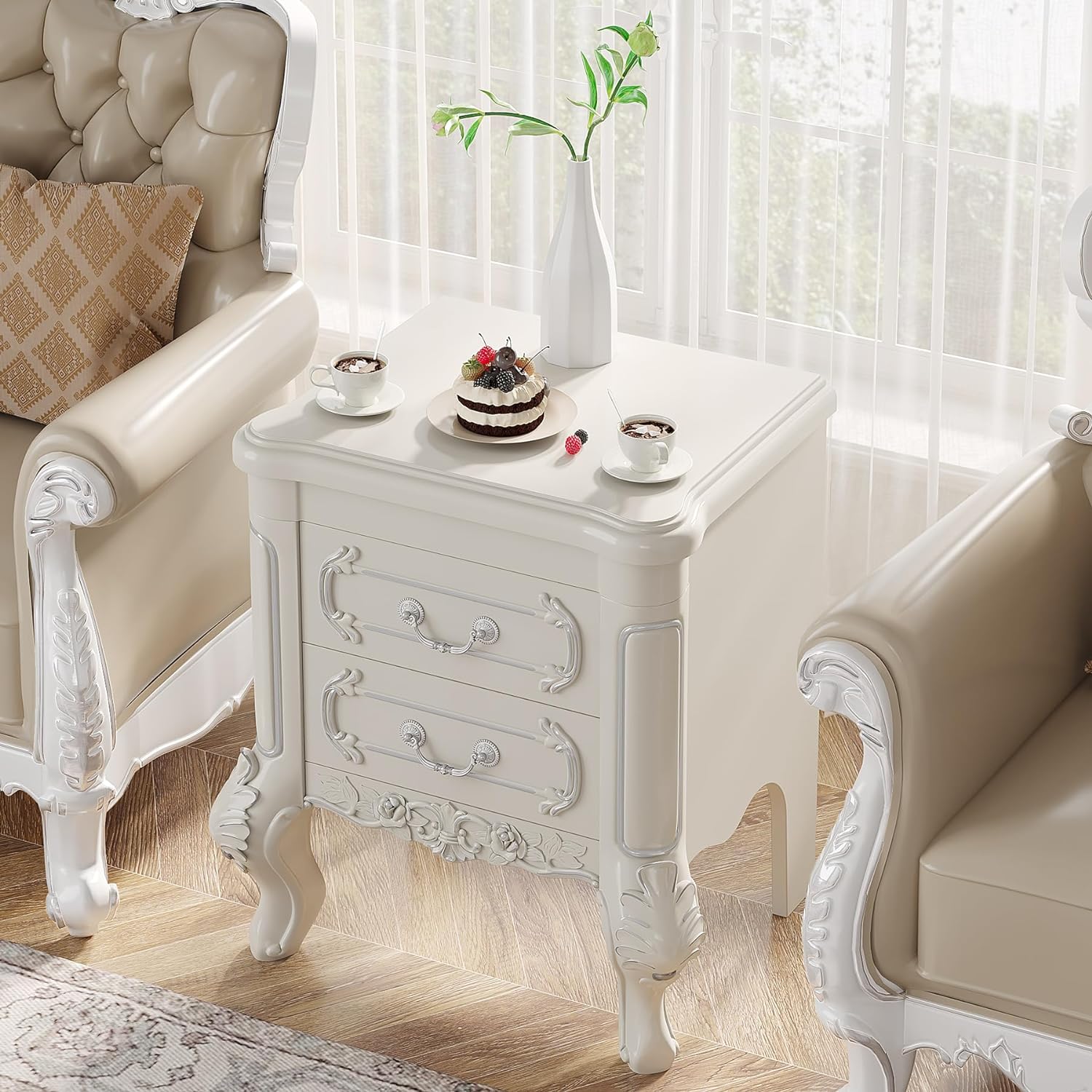 Carved Nightstand, White  Bedside Table End Table with 2 Drawers