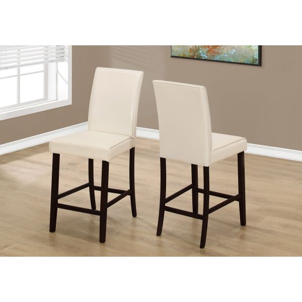 Dining Chair， Set Of 2， Counter Height， Upholstered， Kitchen， Dining Room， Beige Leather Look， Brown Wood Legs， Transitional