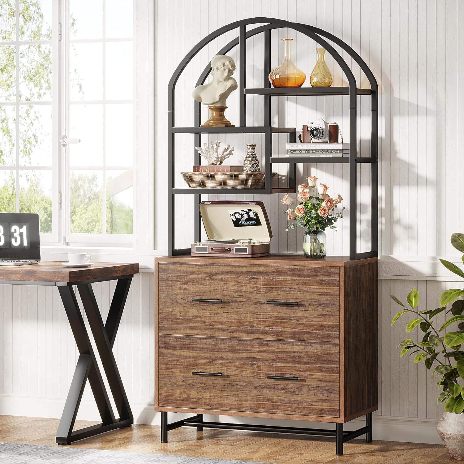 Arched Bookshelf, Industrial Bookcase with File Drawers & Shelves