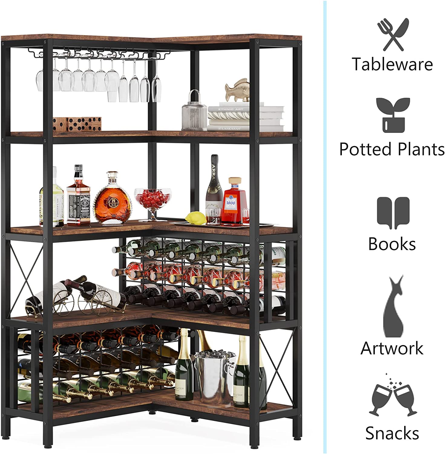 Corner Wine Rack, Freestanding Bar Cabinets for Liquor and Glasses Storage