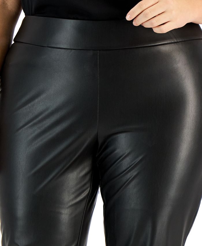 Plus Size Pull-On Faux-Leather Slim-Fit Ankle Pants