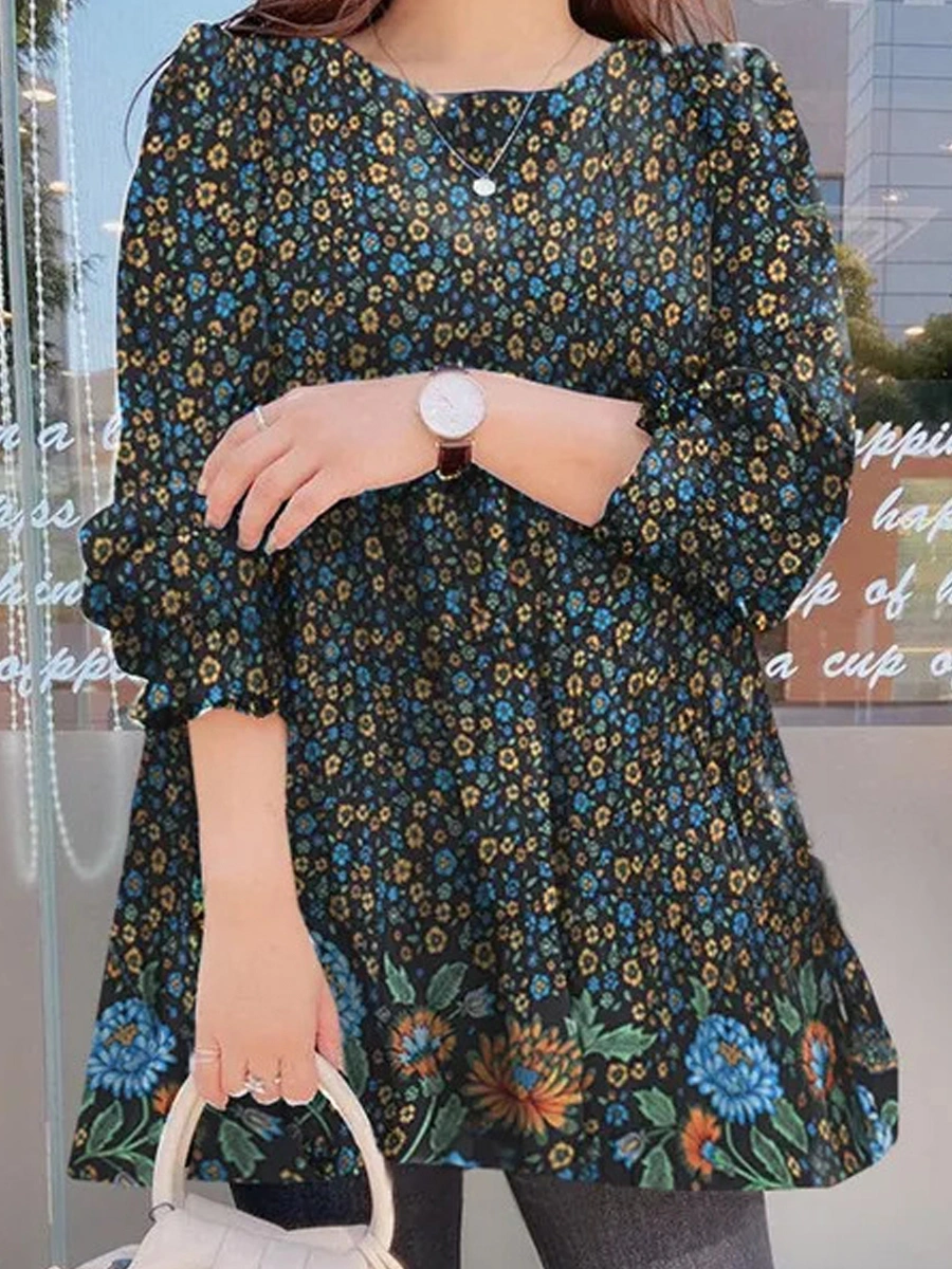 Casual Loose Floral Print Crew Neck Long Sleeve Blouse