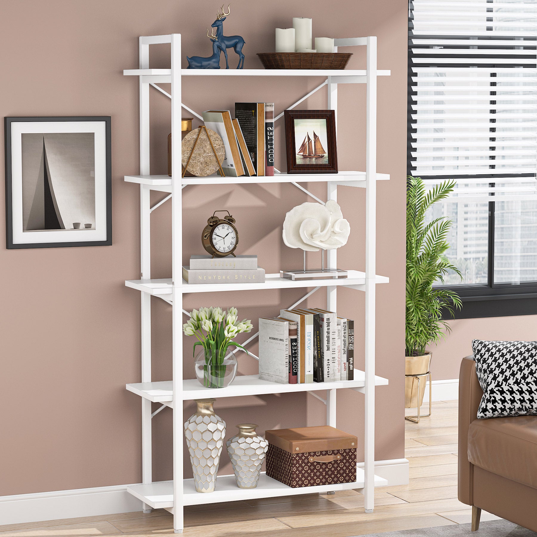 5-Tier Bookshelf, Industrial Etagere Bookcase Display Shelf Unit