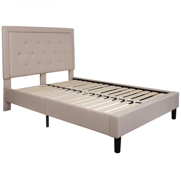 Roxbury Full Size Tufted Upholstered Platform Bed in Beige Fabric