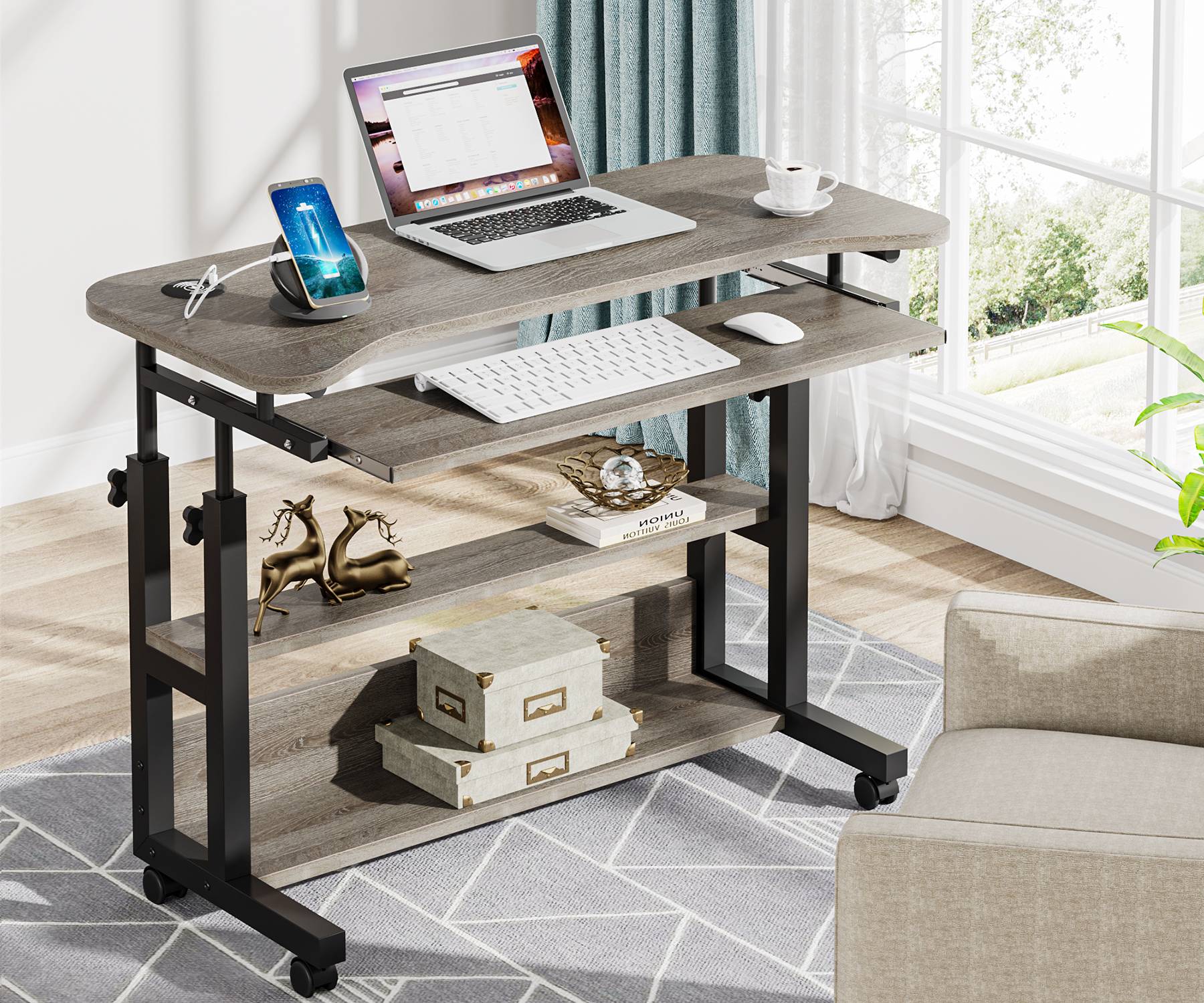 Height Adjustable Desk, Mobile Portable Desk with Wireless Charging Station