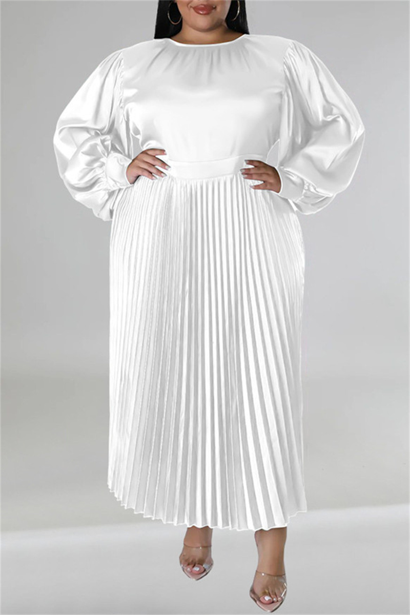 5XL Green Casual Solid Patchwork Fold O Neck Pleated Plus Size Dresses