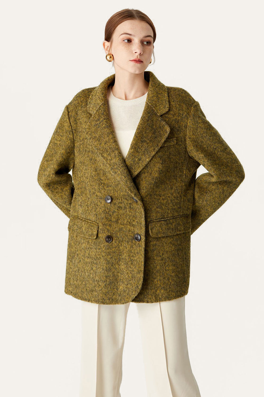 Green Double Breasted Wool Lapel Neck Cropped Coat