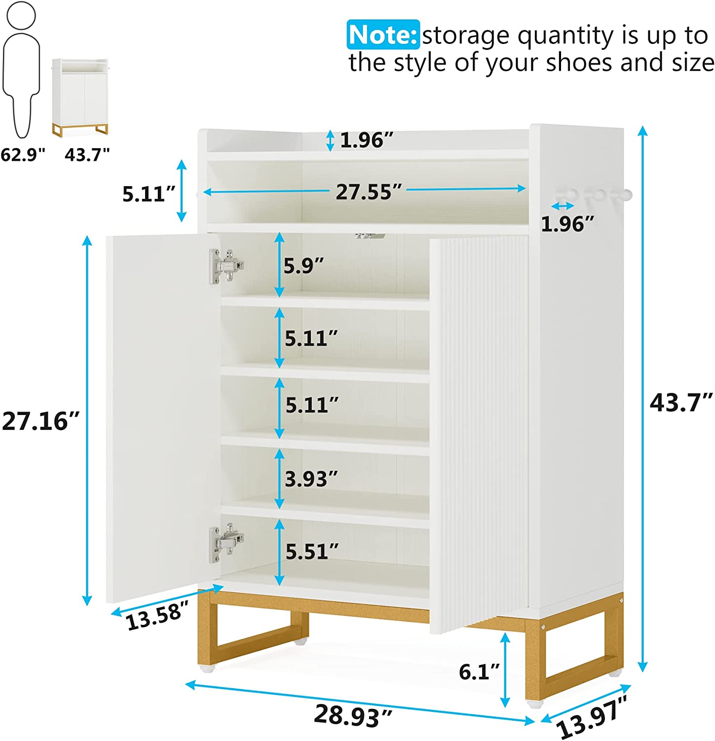 Modern Shoe Cabinet, Freestanding Shoe Organizer with Open Shelves & Hooks