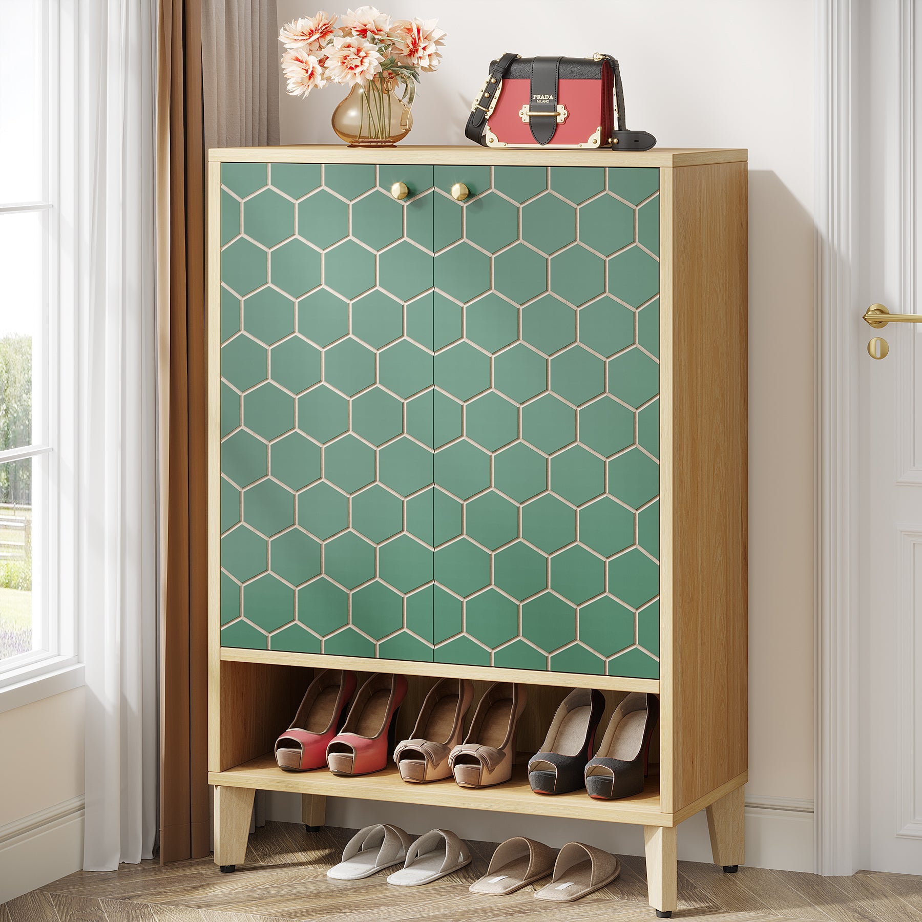 2-Door Shoe Cabinet with Solid Wood Legs & Adjustable Shelves