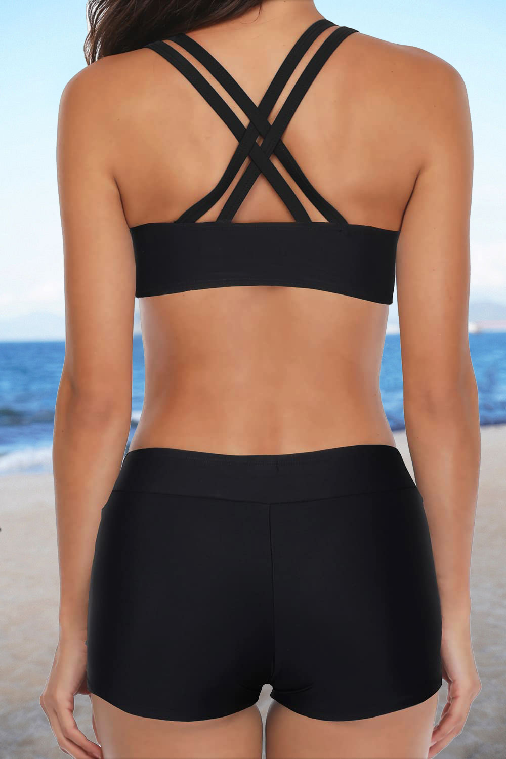 Solid Black 3 Piece Swim Tank Top with Shorts and Bra Modest