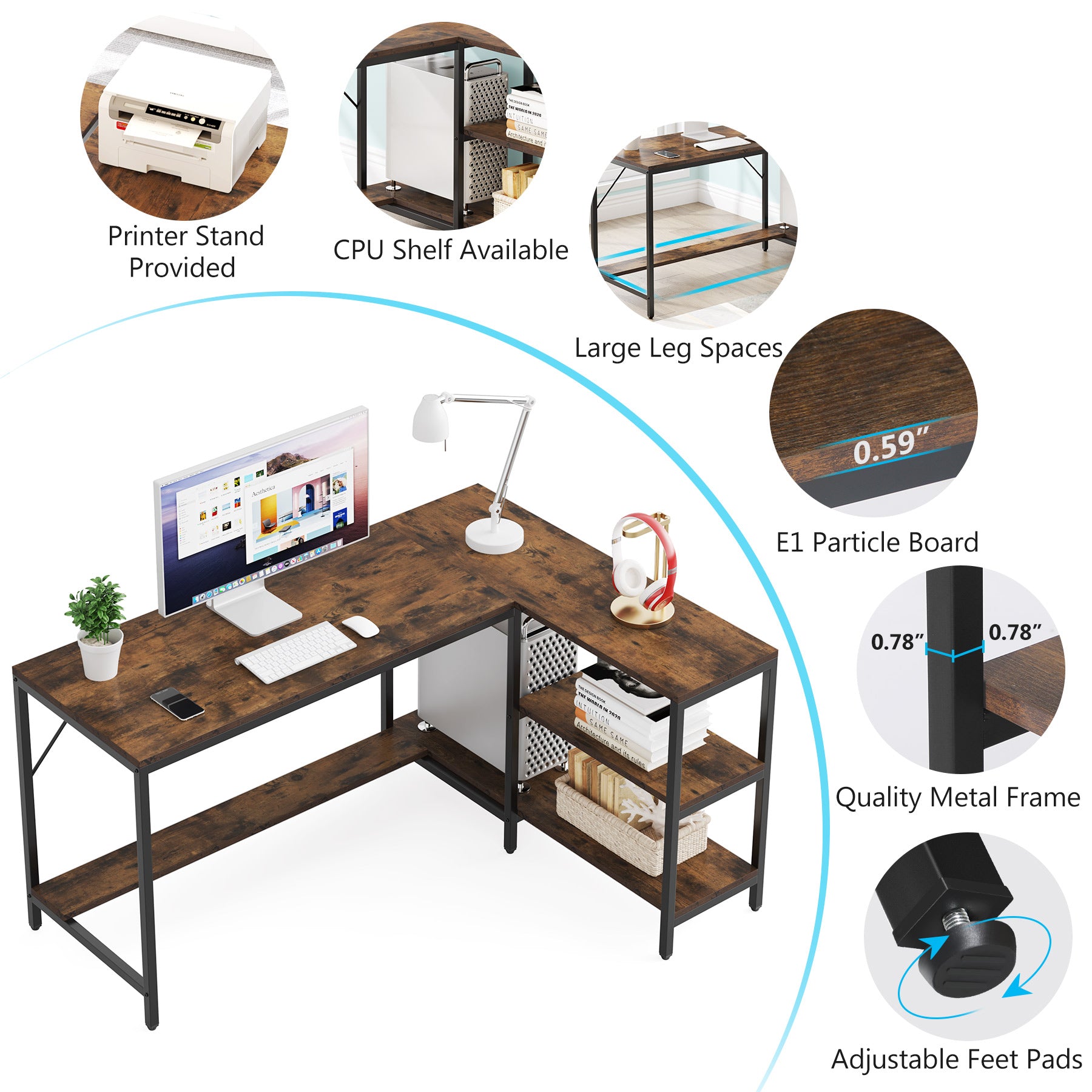 Reversible L-Shaped Desk, Corner Computer Desk with Storage Shelves