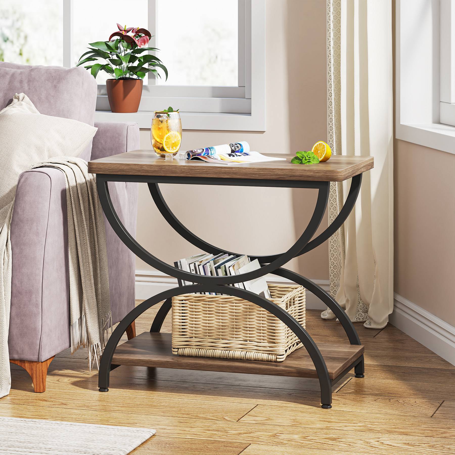 2-Tier End Table, Rectangular Side Table with Stylish Metal Frame