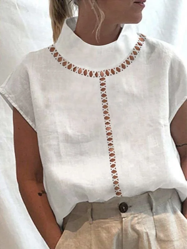 Women's Cotton Linen Lace Turtleneck Shirt