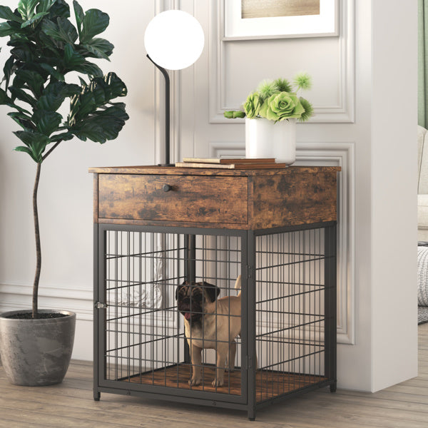 LANTRO JS Furniture Dog Crates for small dogs Wooden Dog Kennel Dog Crate End Table， Nightstand(Rustic Brown， 19.69''W*22.83''D*26.97''H)