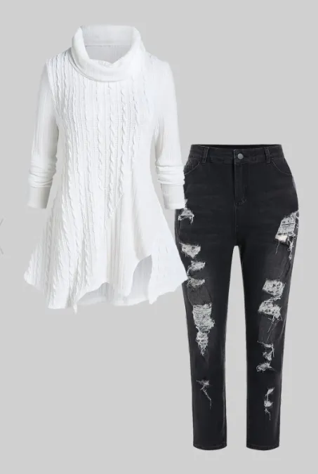 Plus Size Cowl Neck Cable Knit Asymmetric Sweater and Ripped Skinny Jeans Outfit