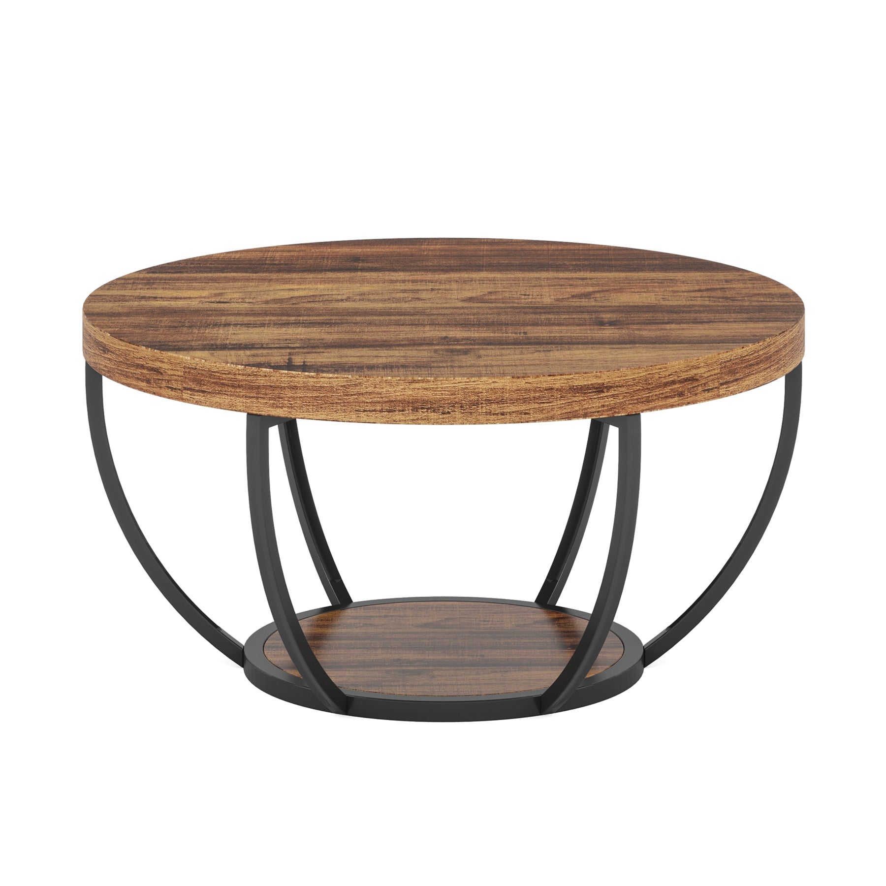 Wooden Coffee Table, 2-Tier Round Central Cocktail Table with Shelves