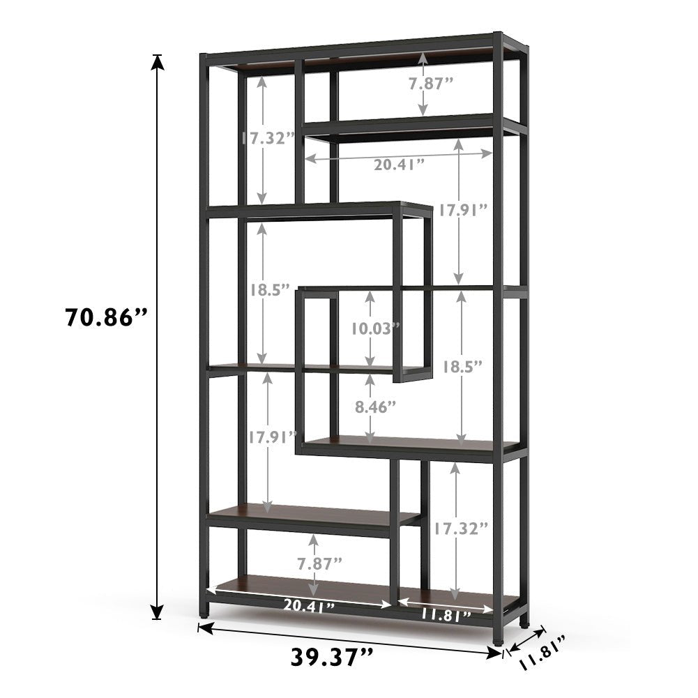 8-Shelf Staggered Bookshelf,  Industrial Etagere Bookcase