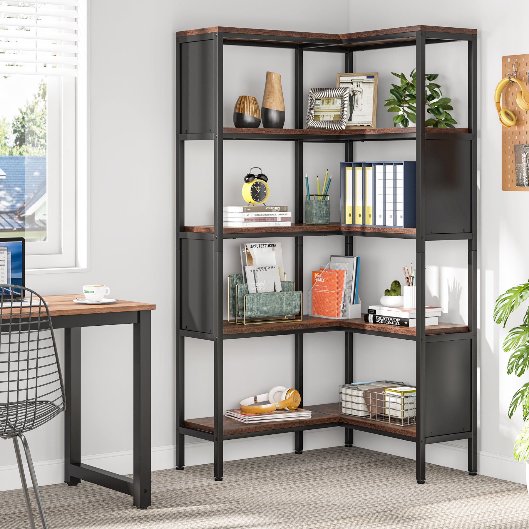 5-Tier Corner Bookshelf, Industrial L-Shaped Bookcase with Safety Baffles