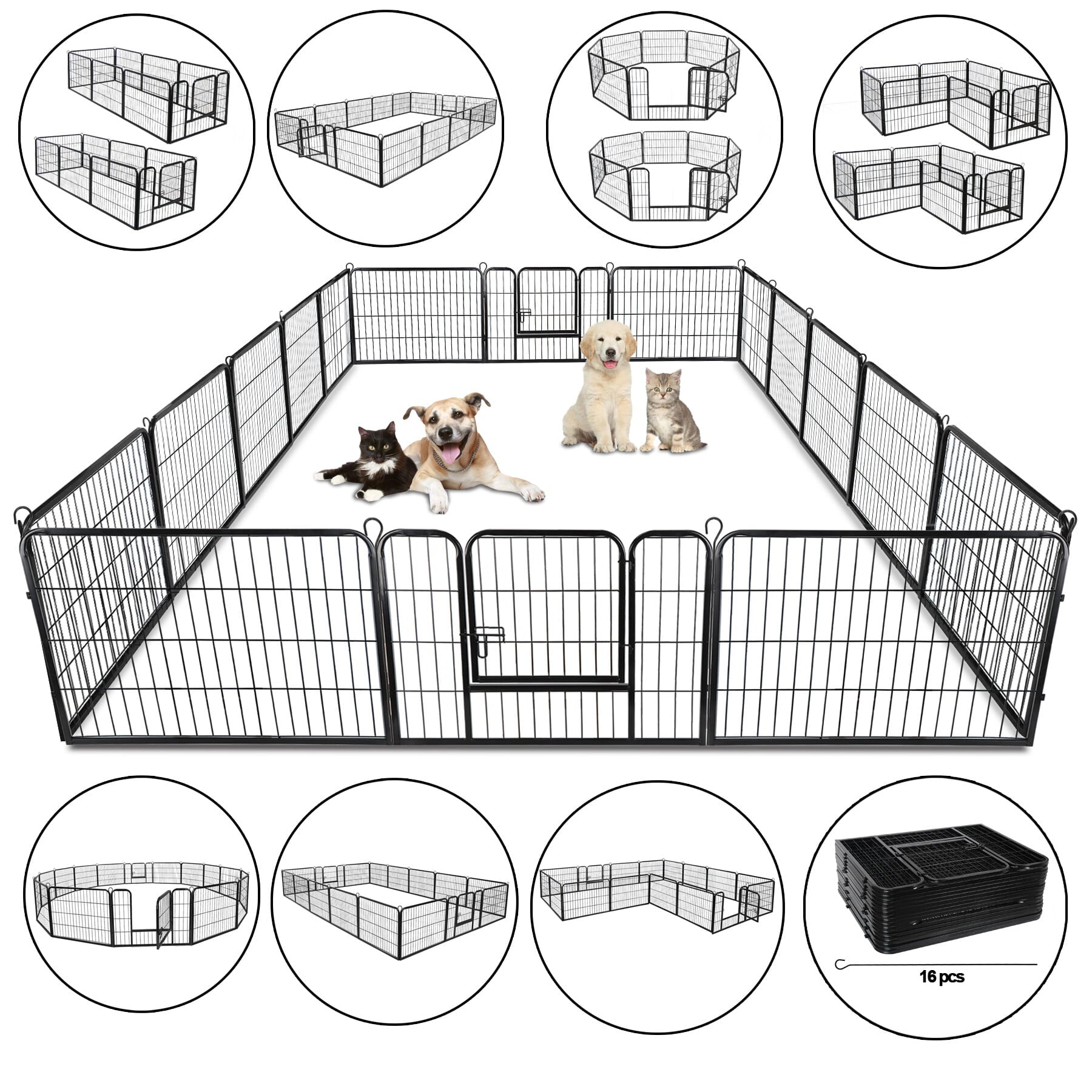 HomGarden 16 Panels 24'' Height Large Dog Playpen， Portable Puppy Exercise Pen Indoor Outdoor Dog Fence W/ Doors