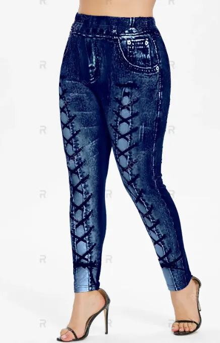 Roll Up Sleeve Lace Up Asymmetric Tee and 3D Printed Leggings Plus Size Outfit