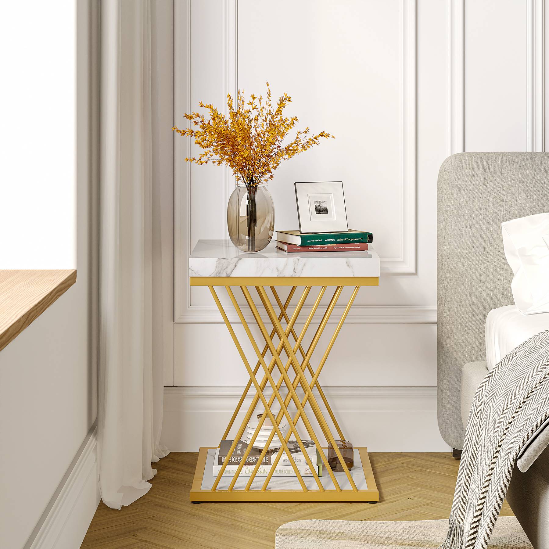 Square End Table, 2-Tier Side Table Modern Bedside Table