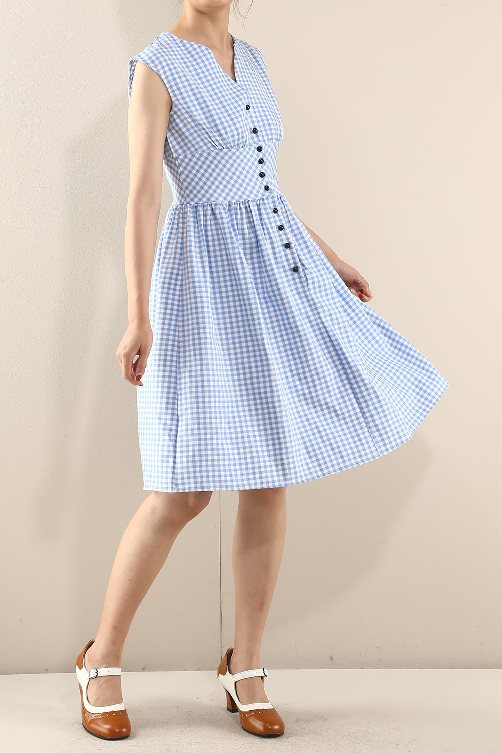 Blue 1950s Button Plaid Swing Dress