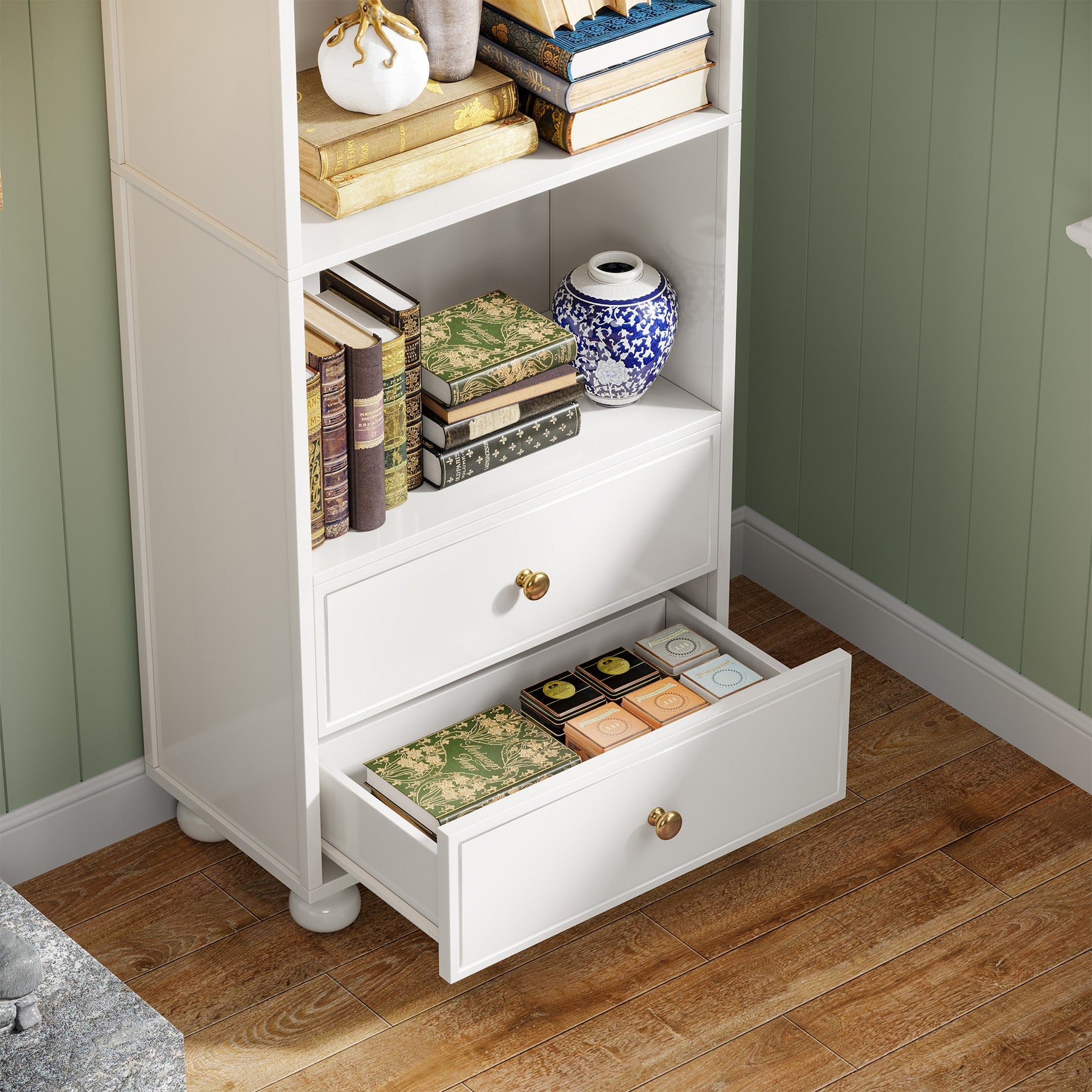 Wooden Bookcase, Arched Bookshelf with 2 Drawers and 4 Shelves