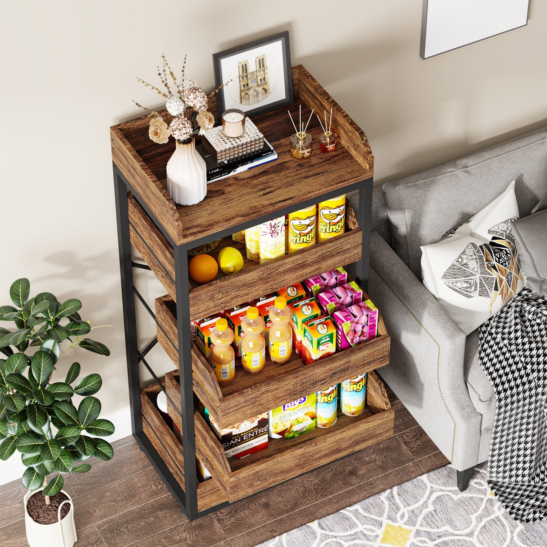 Wood Fruit and Vegetable Storage Rack Basket Stand with 5 Drawers