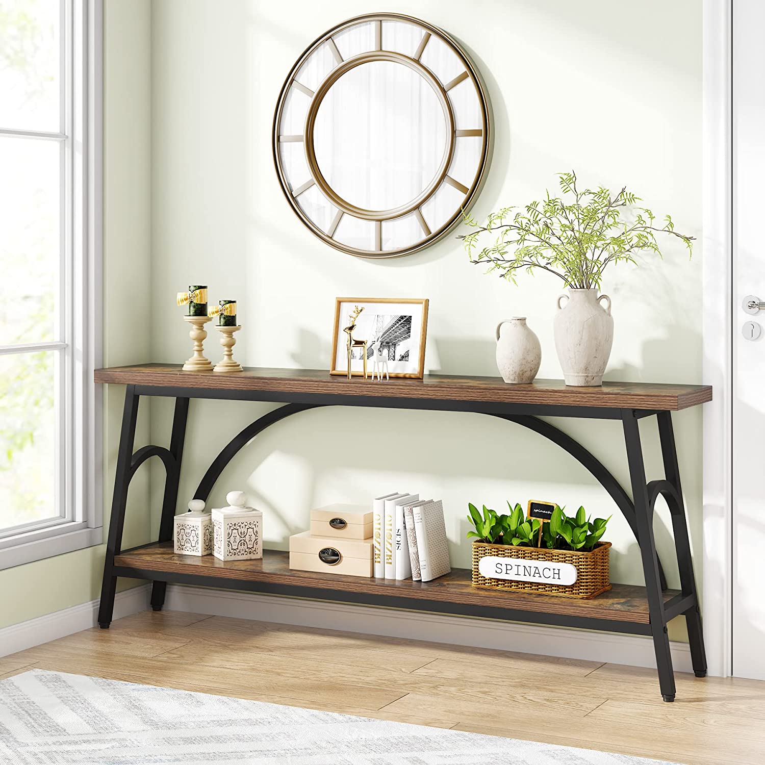 2-Tier Console Table, 70.8” Sofa Table Hallway Table with Open Shelves