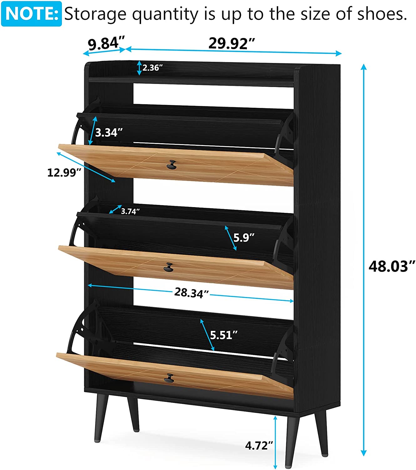 Wood Shoe Cabinet, Shoe Rack Organizer with 3 Flip Drawers for Entryway