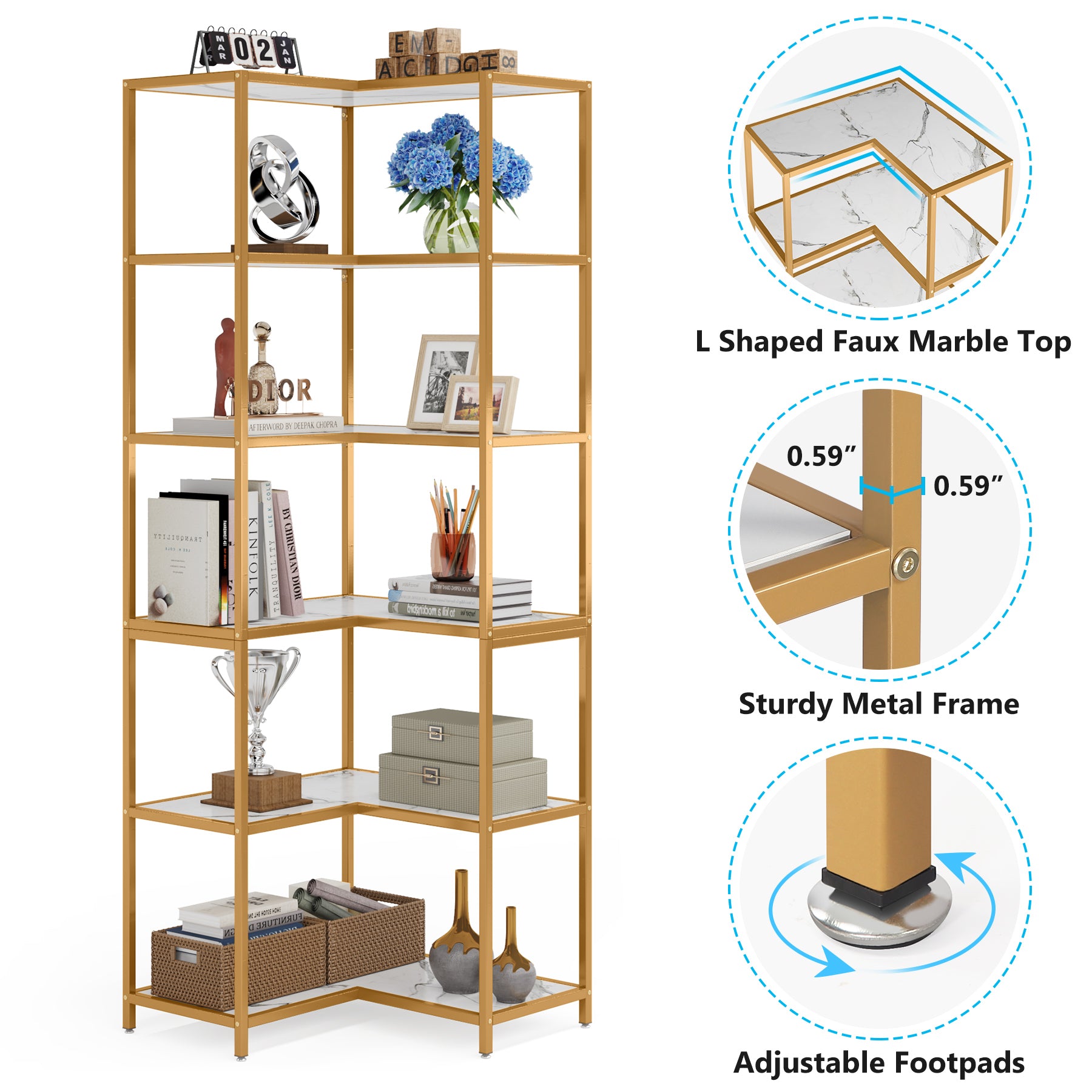 6-Shelf Corner Bookshelf, 70.5