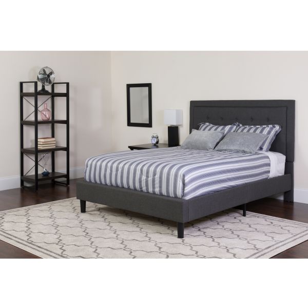 Roxbury Twin Size Tufted Upholstered Platform Bed in Dark Gray Fabric with Memory Foam Mattress