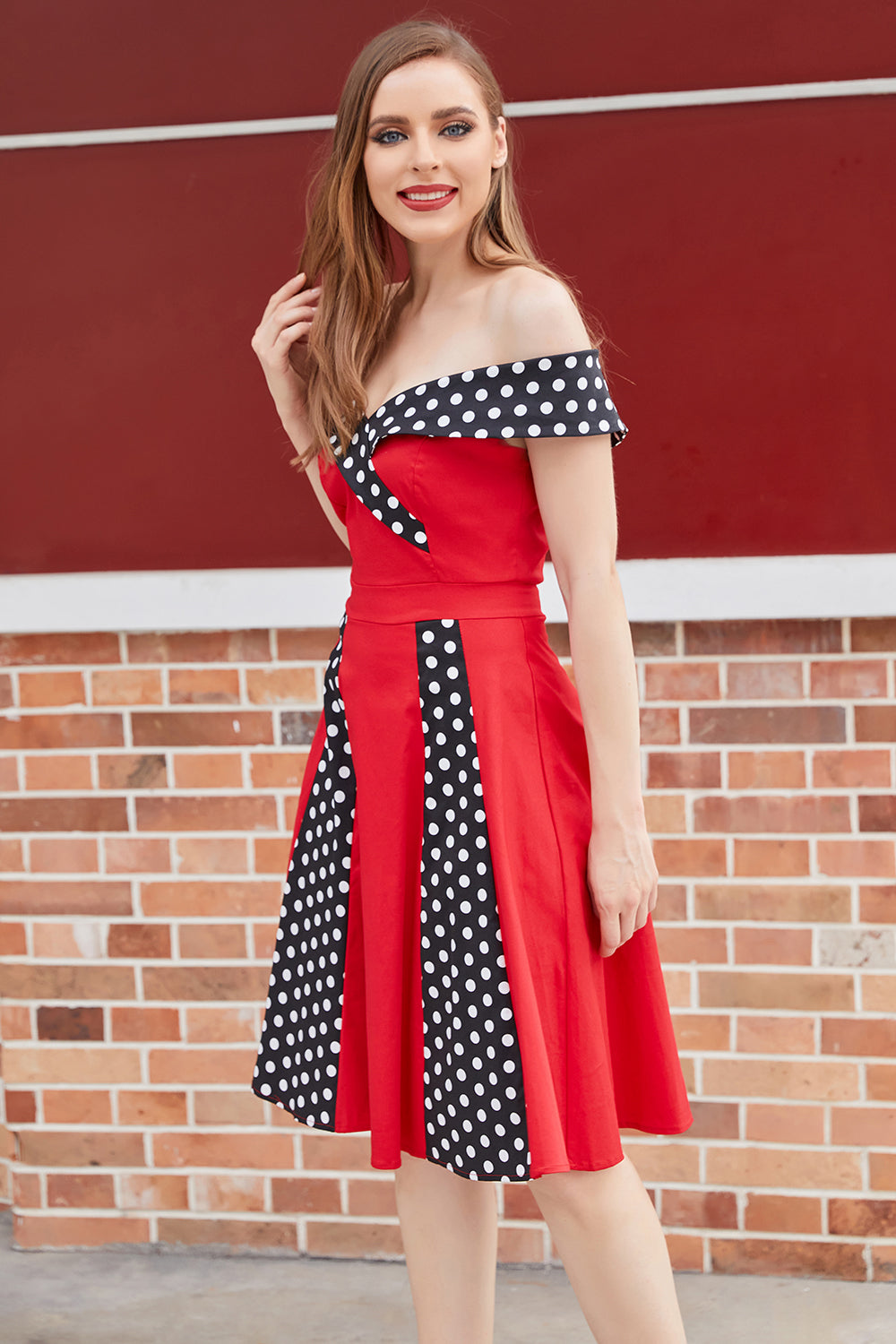 Off Shoulder Red Polka Dots 1950s Dress