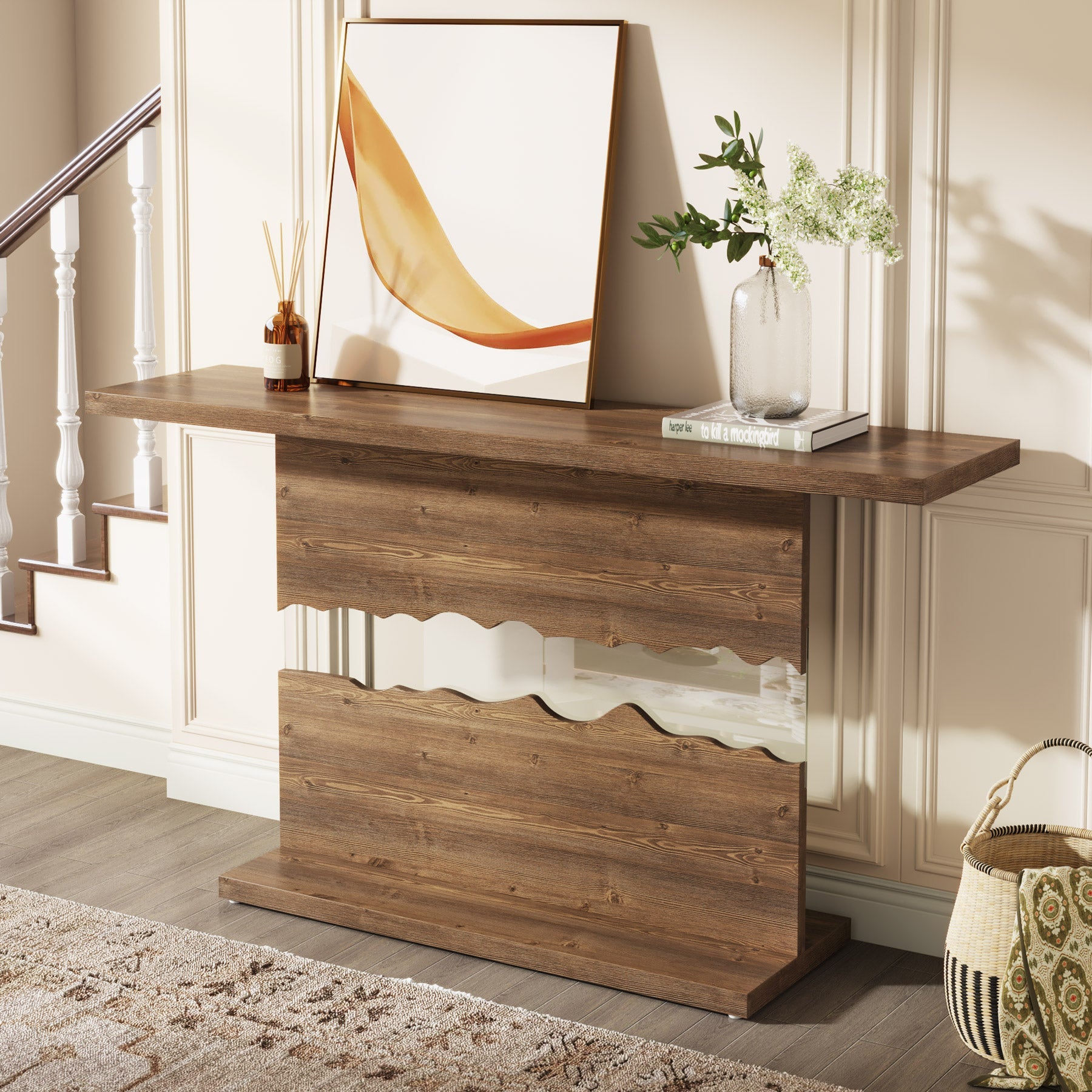 55-inch Console Table, Wood and Glass Sofa Table for Entryway