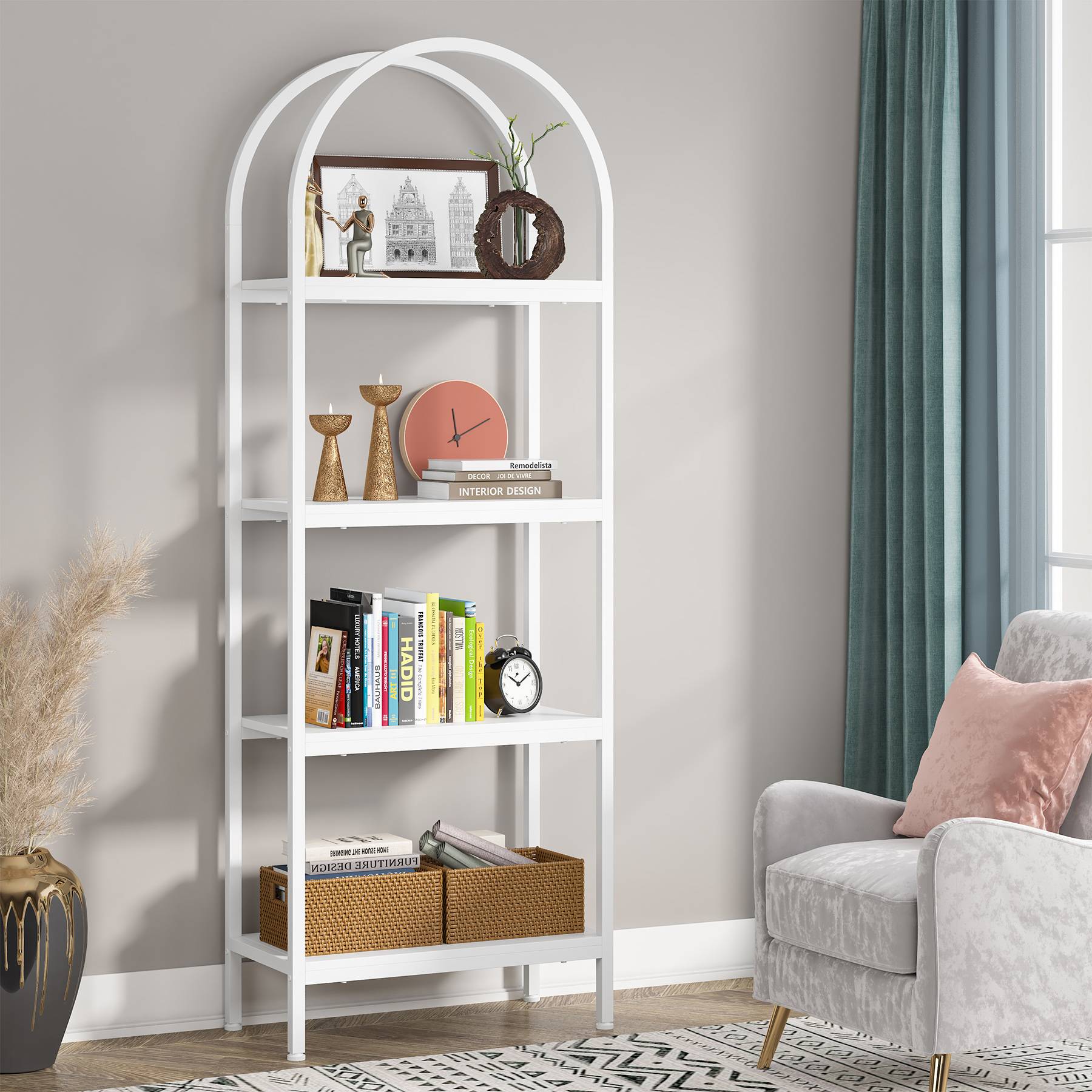 4-Tier / 5-Tier Bookshelf, Arched Bookcase Display Rack with Storage Shelves