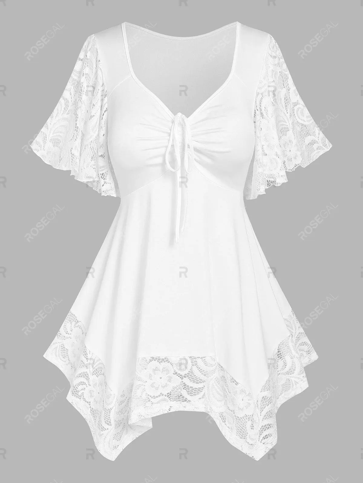 Lace Insert Flutter Sleeve T Shirt and 3D Lace Up Jean Print Capri Leggings Plus Size Summer Outfit